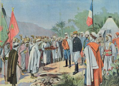 Generaal Lyautey (1854-1934) ontvangt de overgave van een rebellenstam in Marokko, uit 